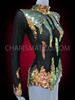 Long Sleeve Black Leotard With Gold Flame Pattern Sequin Accents
