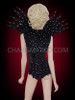 Rhinestone Accented Black Feather Batgirl Style Leotard With Shoulder Accents