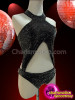 High Necked Metallic Black Spike Studded Goth Leotard With Cutouts