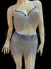 Rhinestone Edged Shimmering Silver Bead Fringe Bra With Matching Shorts
