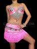 Silver Accented Iridescent Pink Sequin Bra With Matching Fringe Skirt