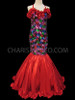 Multi Color Patchwork Pageant Gown With Rich Red Satin Ruffles