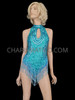 Metallic Cyan Blue Keyhole Leotard with Beaded Trim and Fringe