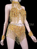 Gold Sequin and Beaded Fringe Bra and Skirt Set with Matching Bracelets