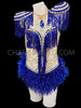 Royal Blue Fringe Diva Boa Leotard With Ruffled Feathers And Silver Sequins