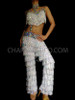 Silver White Sequin Latin Dancefringe Pants With Sequinned Waist