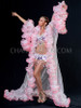 Transparent White Boa Full Length Coat With Dark Ping Ruffles And Pink Border