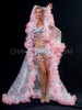 Transparent White Boa Full Length Coat With Dark Ping Ruffles And Pink Border