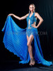 Blue Burlesque Sequin Leotard with Large Fan Wing Skirt & Tassel headdress