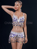 White and Silver Tassled Sequin Bra and Belt with Flower Acccents