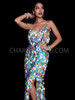 Iridescent Silver Diamond Sequined Beaded Dangle Sleek Pageant Gown