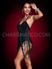 Burlesque Halter Style Black Leotard Accented with Black Pearl Drapes