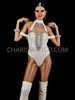 Elegant White Sequin Leotard With Off Shoulder Straps and Matching Leg Warmers