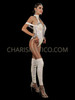 Elegant White Sequin Leotard With Off Shoulder Straps and Matching Leg Warmers