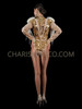 Gold Nude Sequin Leotard With Beaded Fringe Shoulder