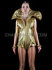 Glittering Metallic Vinyl Leotard with Exaggerated Halo Collar