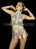 Alluring Showgirl Silver Mirrored Cutout Top and Fringe-Styled Skirt