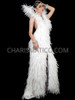 Regal Angelic White Backless Feather Gown with High Collar