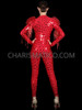 Red Sequin Catsuit with Spiked Up Shoulder-Beaded Fringes