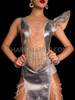Silver Futuristic Dress With Beads Details And Open Mesh Back