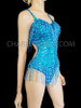 Sexy V-Neck Burlesque Blue Sequin Leotard Silver Bead Fringe