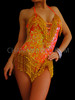 Iridescent Neon Orange Sequined Leotard With Golden Beaded Fringe