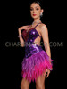 Bejeweled Purple Fuchsia Sequin Latin Salsa Feather Dress 