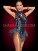 Iridescent Black Beaded Fringe Keyhole Neckline Dance Leotard