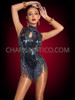 Iridescent Black Beaded Fringe Keyhole Neckline Dance Leotard