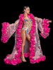 Flamboyant Neon Pink Ruffle Boa Coat with Black Trim