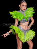 Radiant Neon Green Feather Flare Collar and Skirt Set