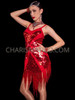 Red Sequin V-Illusion Dress with Beaded Fringe