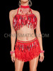 Red Rectangular Sequin Two Piece Jazz Dance Dress