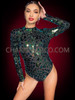 Green Mirror Dance Full-Sleeve Leotard with Disco Ball Effect 
