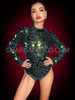 Green Mirror Dance Full-Sleeve Leotard with Disco Ball Effect 