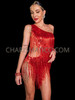 Flirty Red Waist Cutout Beaded Fringe Dance Leotard 