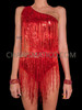 Flirty Red Waist Cutout Beaded Fringe Dance Leotard 