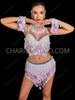 Dazzling Pearl White Beaded Fringe Showgirl Dance Bra Set 