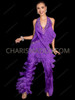 Purple Halter Crystallized Dance Latin Salsa Fringe Catsuit Pants