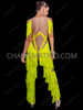 Neon Yellow V Neckline Drag Queen Fringe Dance Jumpsuit