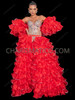 Red Organza Ruffle Flamenco Skirt with Dramatic Ruffle Sleeves