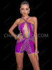 Purple Crystallized Cleavage Cutout Dance Romper