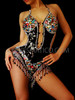 Black Sequined, Multicolor Beaded Crystal Dance Showgirl Leotard With Fringe Edging
