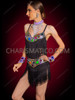 EDM Festival Black Fringe Bra and Skirt Set with Iridescent Jewel Accents