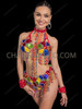 Rainbow Carnival Flower Sequin Bra and Beaded Fringe Thong Set