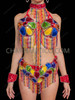 Rainbow Carnival Flower Sequin Bra and Beaded Fringe Thong Set