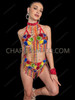 Rainbow Carnival Flower Sequin Bra and Beaded Fringe Thong Set