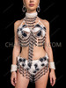 Black and White Pearl Flower Bra and Beaded Fringe Thong Samba Set