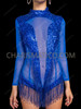 Royal Blue Beaded Fringe Illusion Long Sleeve Bodysuit 