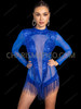 Royal Blue Beaded Fringe Illusion Long Sleeve Bodysuit 
